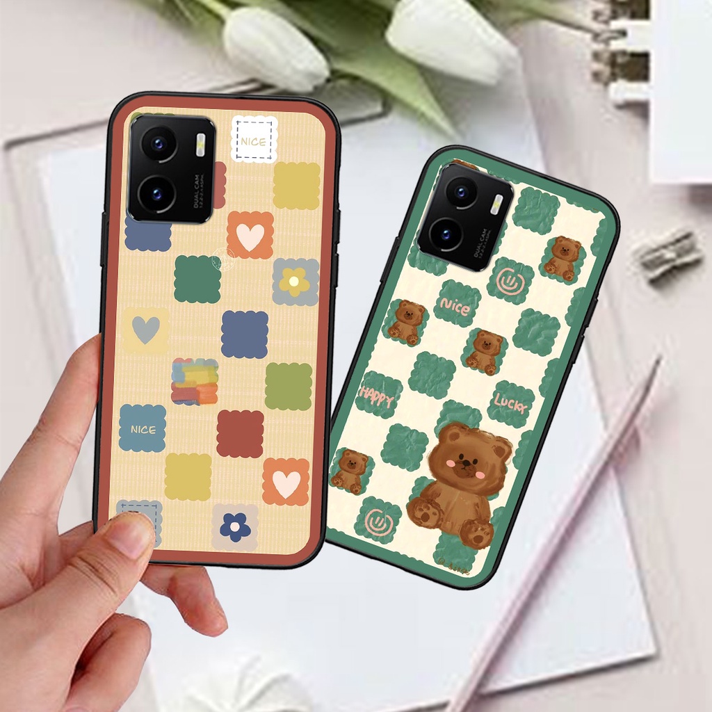 Ốp Vivo Y15s / Y15a in hình gấu caro đen trắng dễ thương siêu bền