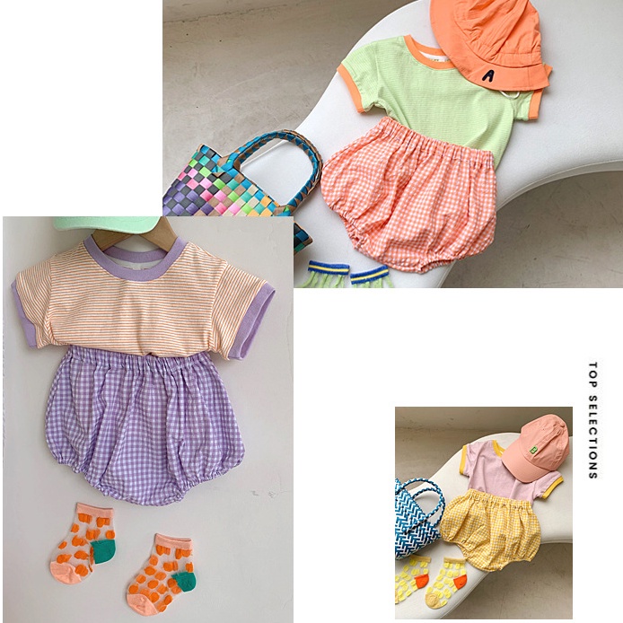 Bộ Áo Thun Kẻ Sọc + Quần Short Caro Cho Bé Trai / Gái