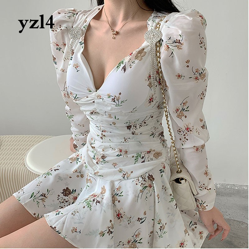 Đầm Voan Hoa Dài Tay Nhấn Eo Xếp Ly Phong Cách Retro Nữ Tính
