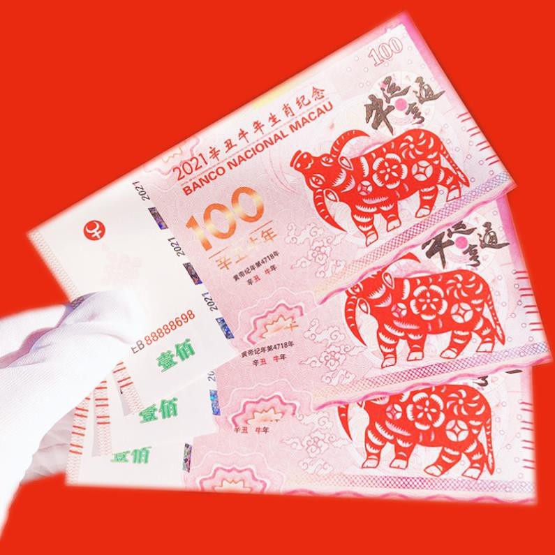 [ TIỀN LÌ XÌ 2021] Tiền Con Trâu 100 Macao Patacas Lưu Niệm 2021