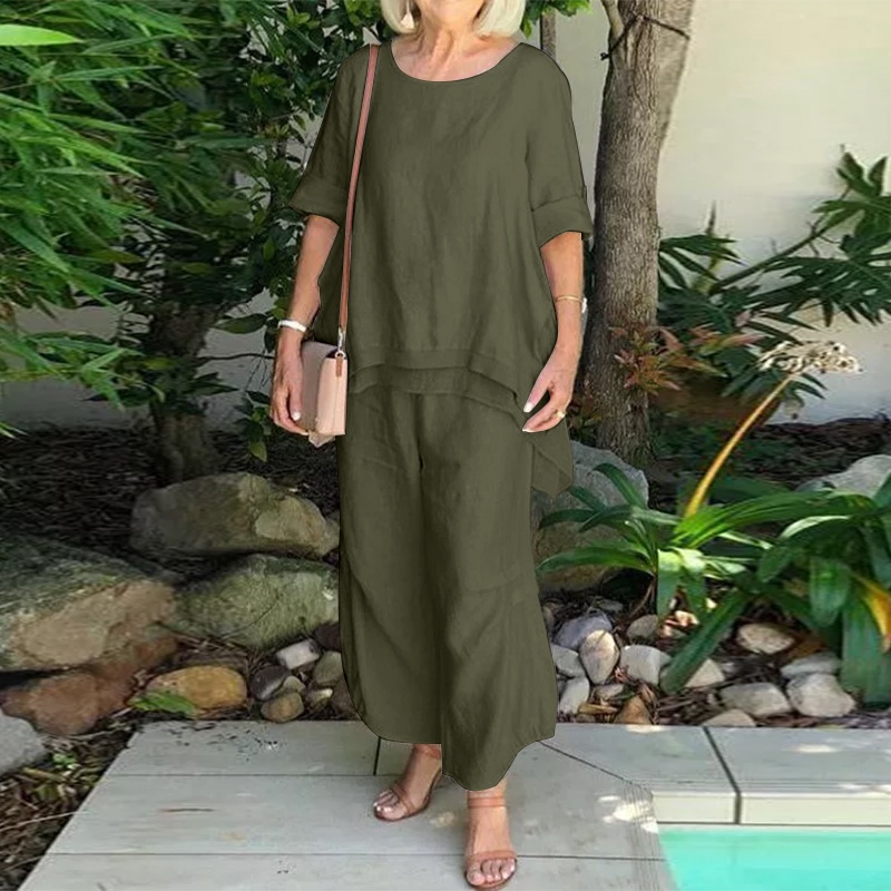 Set đồ ZANZEA gồm áo thun tay lỡ cổ tròn + quần dài ống rộng thời trang cho nữ