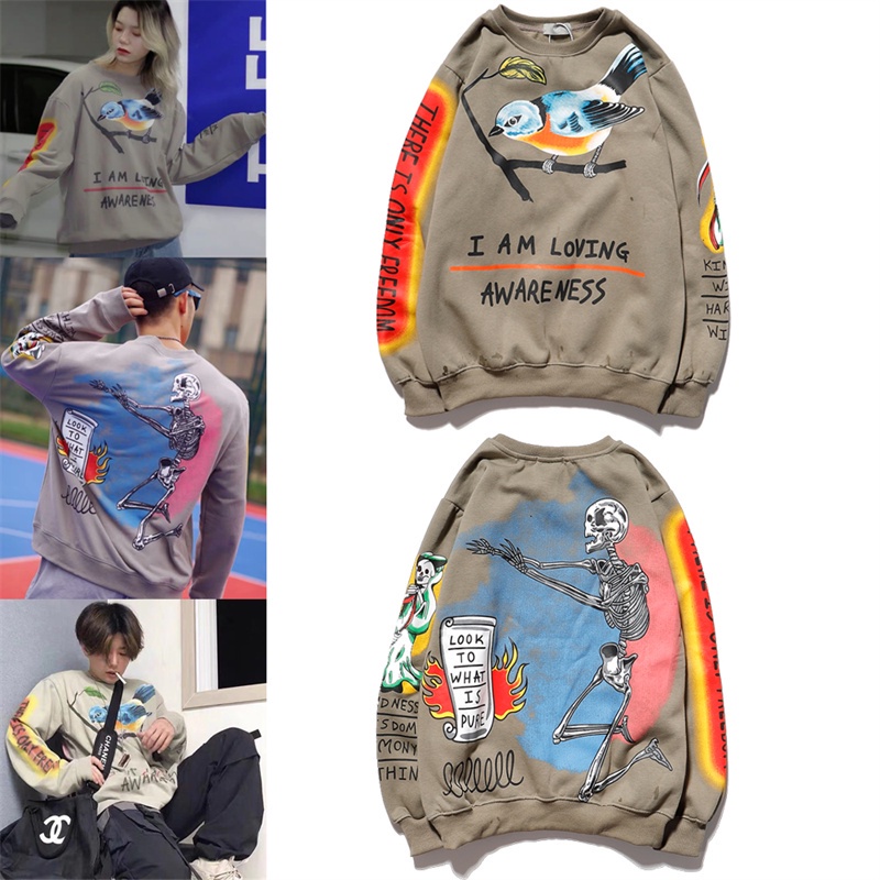 Áo sweatshirt bằng cotton tay dài in họa tiết cổ điển dành cho cả nam và nữ