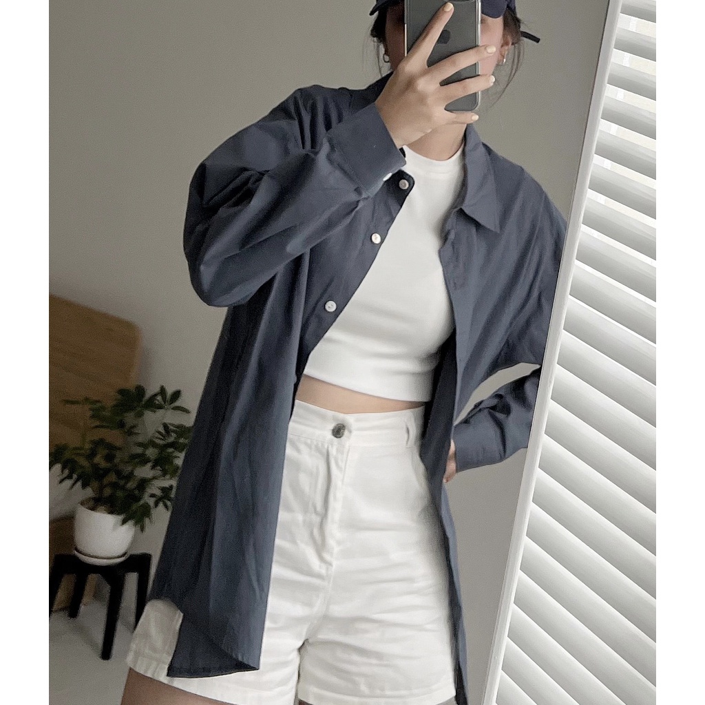 Áo Sơmi basic chất cotton thô tay dài freesize phong cách Hàn