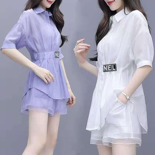 Hàng Có Sẵn [Áo Sơ Mi+Quần Short] Bộ Đồ Thời Trang Vải Voan Phong Cách Hàn Quốc Dành Cho Nữ Summ