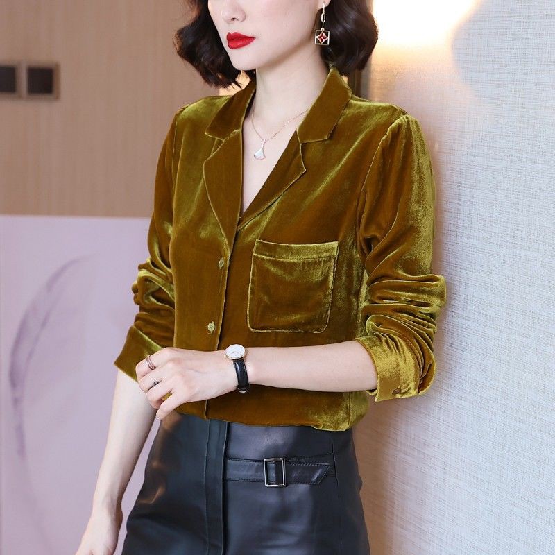 Áo nhung tay dài cổ chữ v phối nút phong cách cổ điển thời trang cho nữ