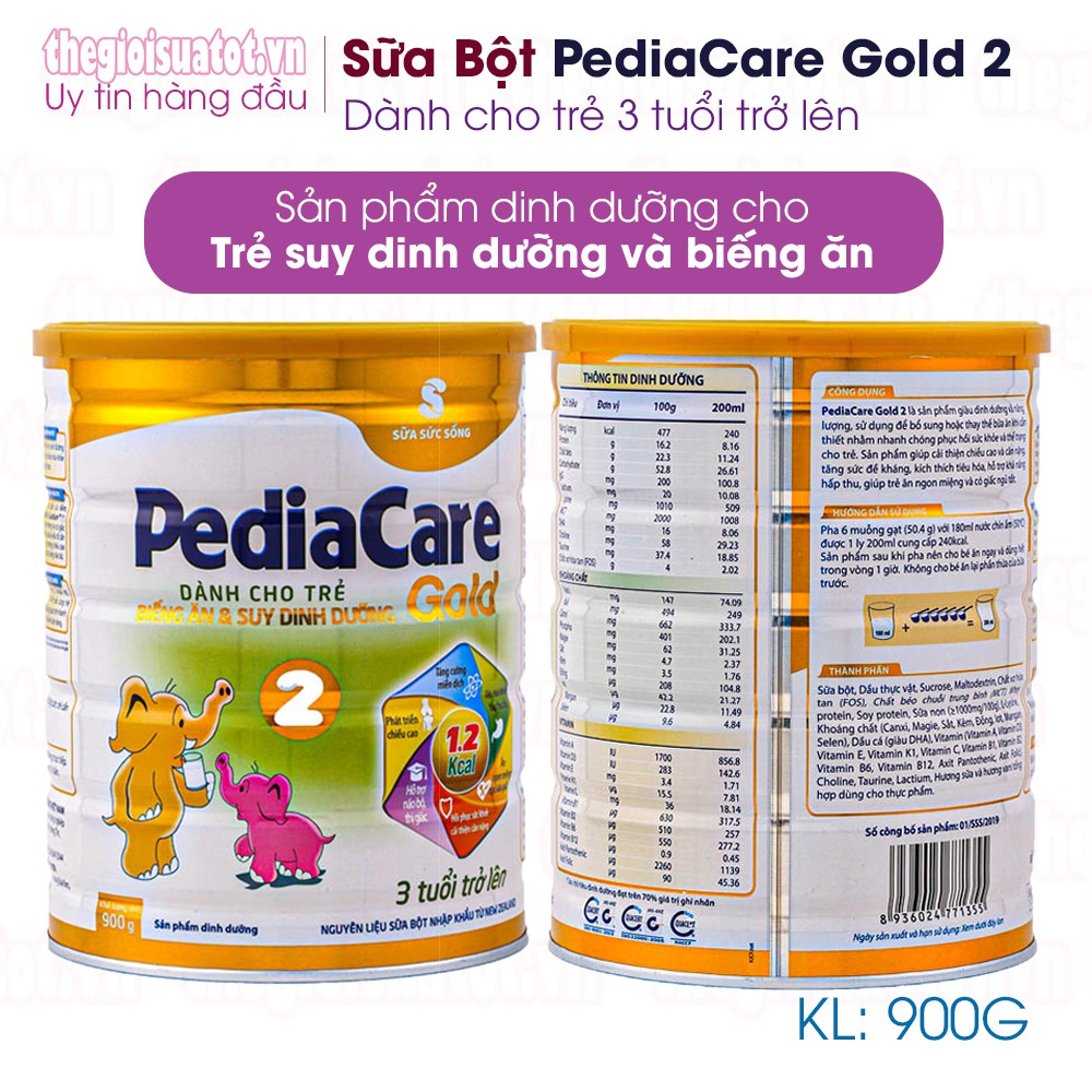 Sữa bột PediaCare Gold 2 [900g] - Sữa dinh dưỡng cao năng lượng cho trẻ