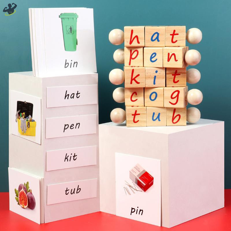 LL Wooden Reading Blocks Educational Toys Spin-and-Read Manipulative Toy for Beginner Readers @VN