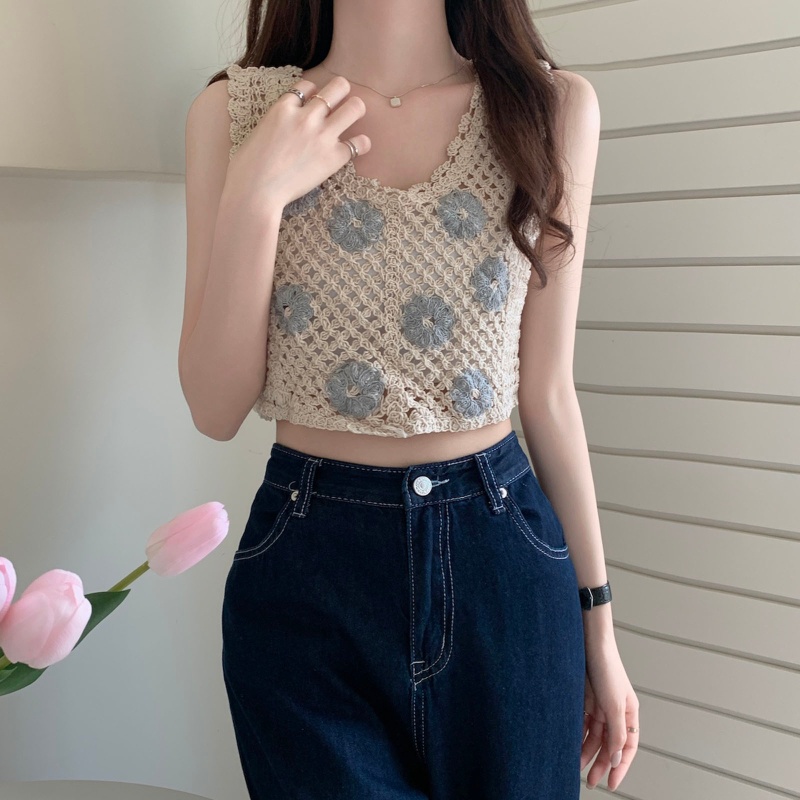 Áo Croptop Dệt Kim Không Tay Cổ Chữ V Thêu Hoa Khoét Rỗng Kiểu Hàn Quốc Cho Bạn Gái