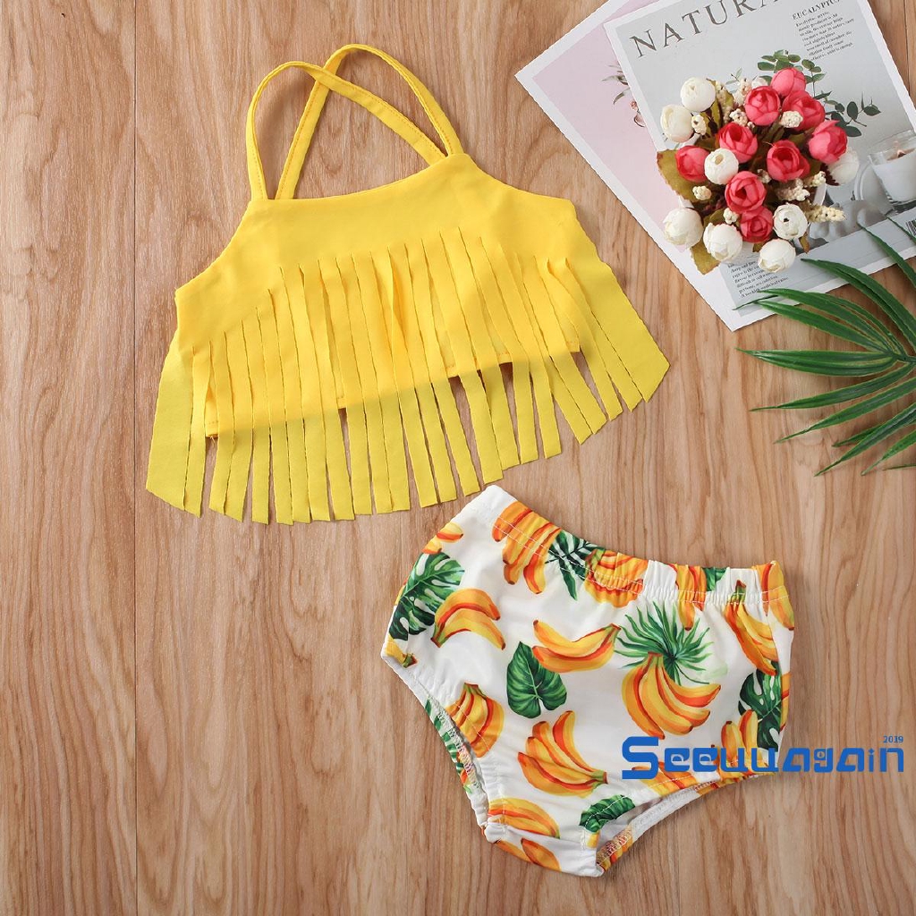 Bộ đồ bơi bikini dây tua rua in hình quả chuối thời trang cho bé gái