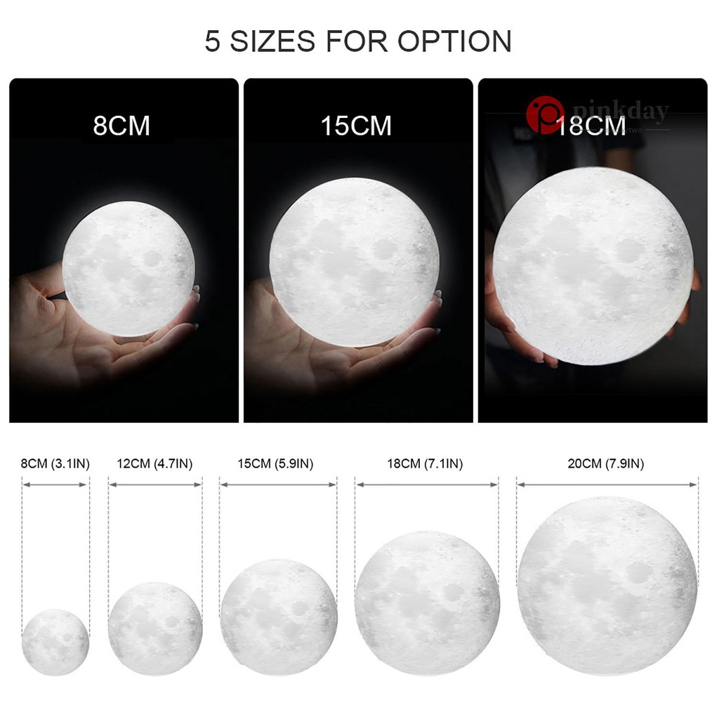 LUNAR Đèn Led 3d Hình Mặt Trăng 20cm / 7.9in 3 Màu Sáng Tạo Kèm Phụ Kiện