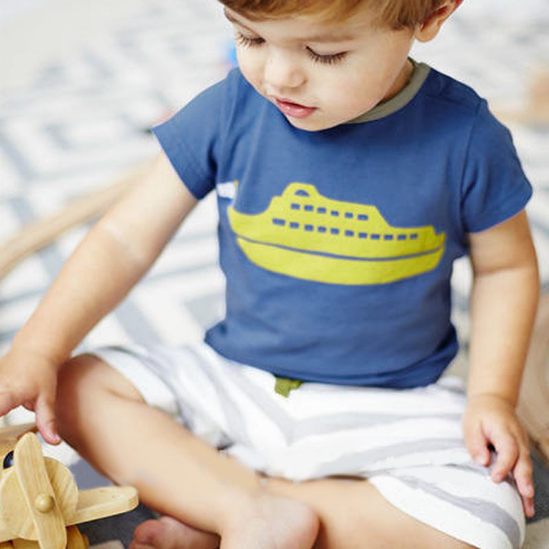 Set áo thun tay ngắn và quần lỡ kẻ sọc ngang đơn giản thoải mái cho bé