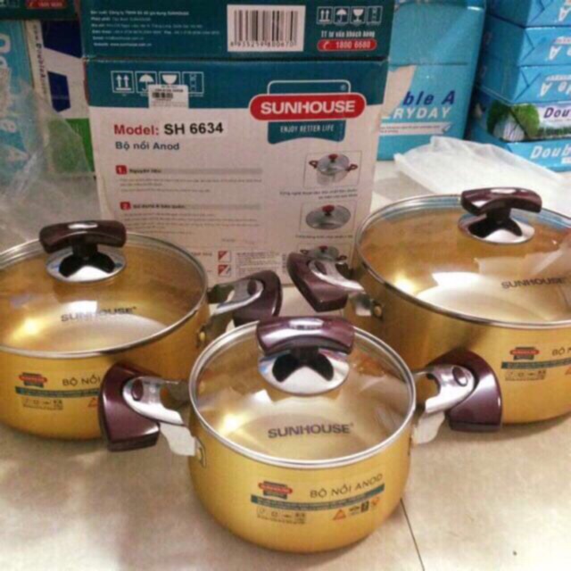 Bộ nồi Sunhouse SH6634 3 cái nắp thủy tinh,nồi chất liệu nhôm có thể dùng bếp gas, bếp hồng ngoại