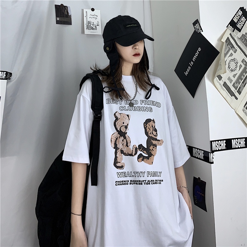 Happy-store  Áo Thun Tay Ngắn Dáng Rộng Chịu In Họa Tiết Phong Cách Thời Trang Hàn Quốc Cho Nữ
