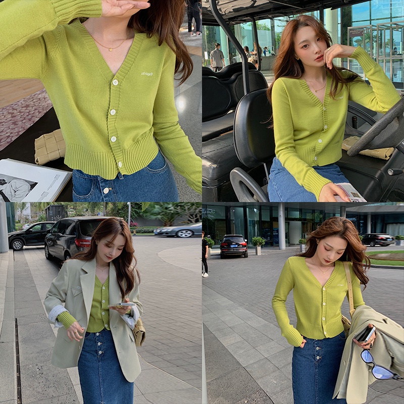 Áo cardigan SUXI dệt kim tay dài cổ chữ V màu trơn phong cách Hàn Quốc thời trang