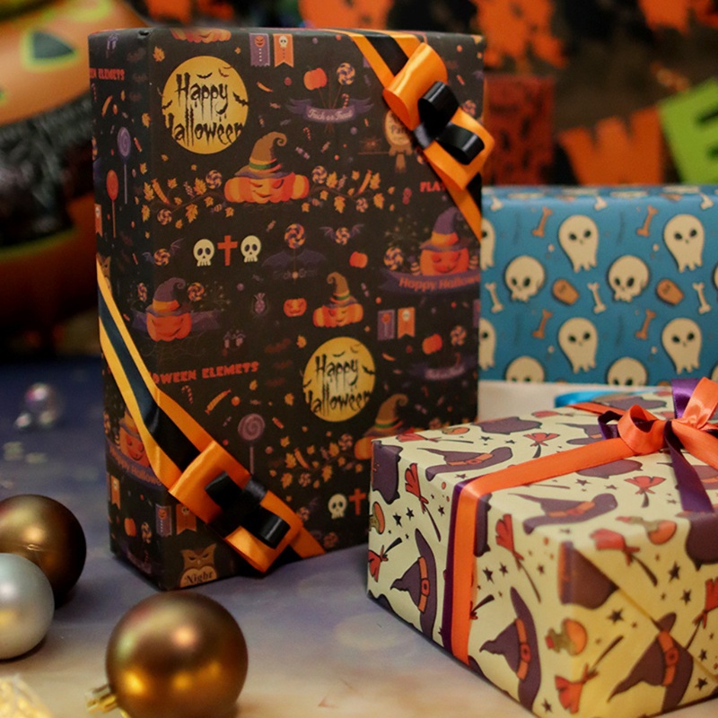 QQ Bộ 5 Tờ Giấy Gói Quà In Họa Tiết Halloween Thủ Công Trang Trí