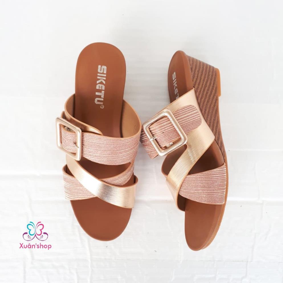Dép đế xuồng quai chéo da nhũ ánh kim sang trọng, cao 5.5cm (có sẵn) GDI