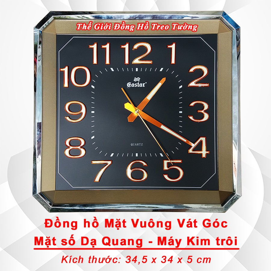 Đồng hồ Treo tường KIM TRÔI EASTAR Vuông Vát Góc Mặt Đen có DẠ QUANG - Tặng Pin Maxell