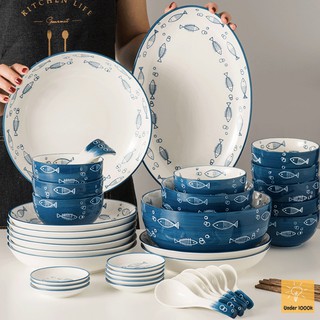 Bộ bát đĩa sứ họa tiết cá xanh Under1000k