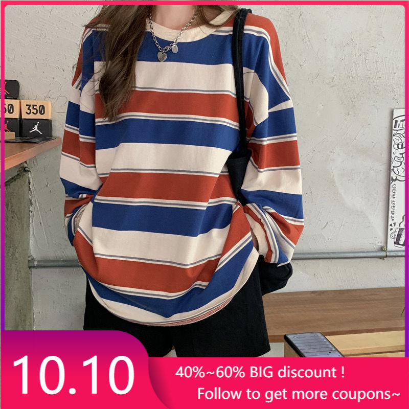 Áo thun dài tay kẻ sọc ngang trẻ trung năng động cho nữ