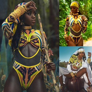 Women African Print One Piece Swimwear Push-Up Padded Bra Swimsuit Beachwear