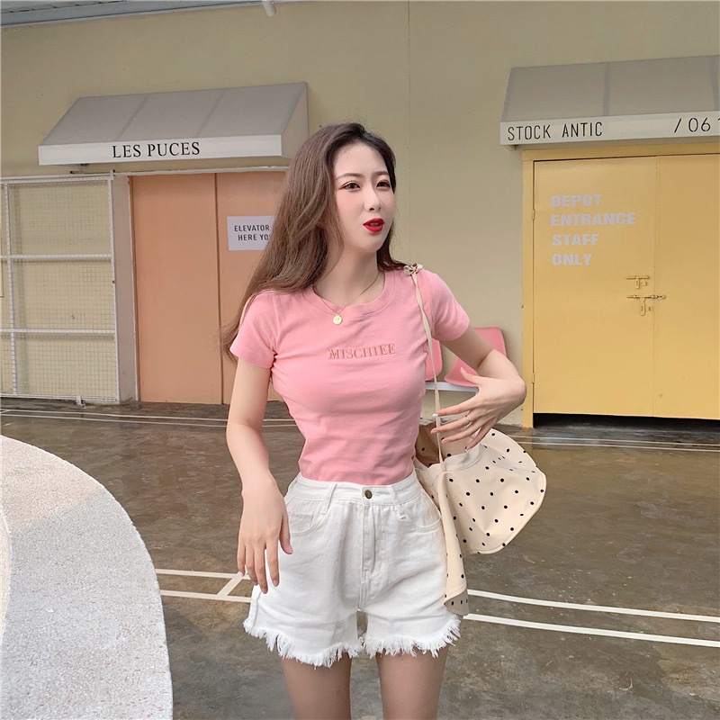 Áo thun nữ tay ngắn dáng ôm cổ tròn dễ thương APN005