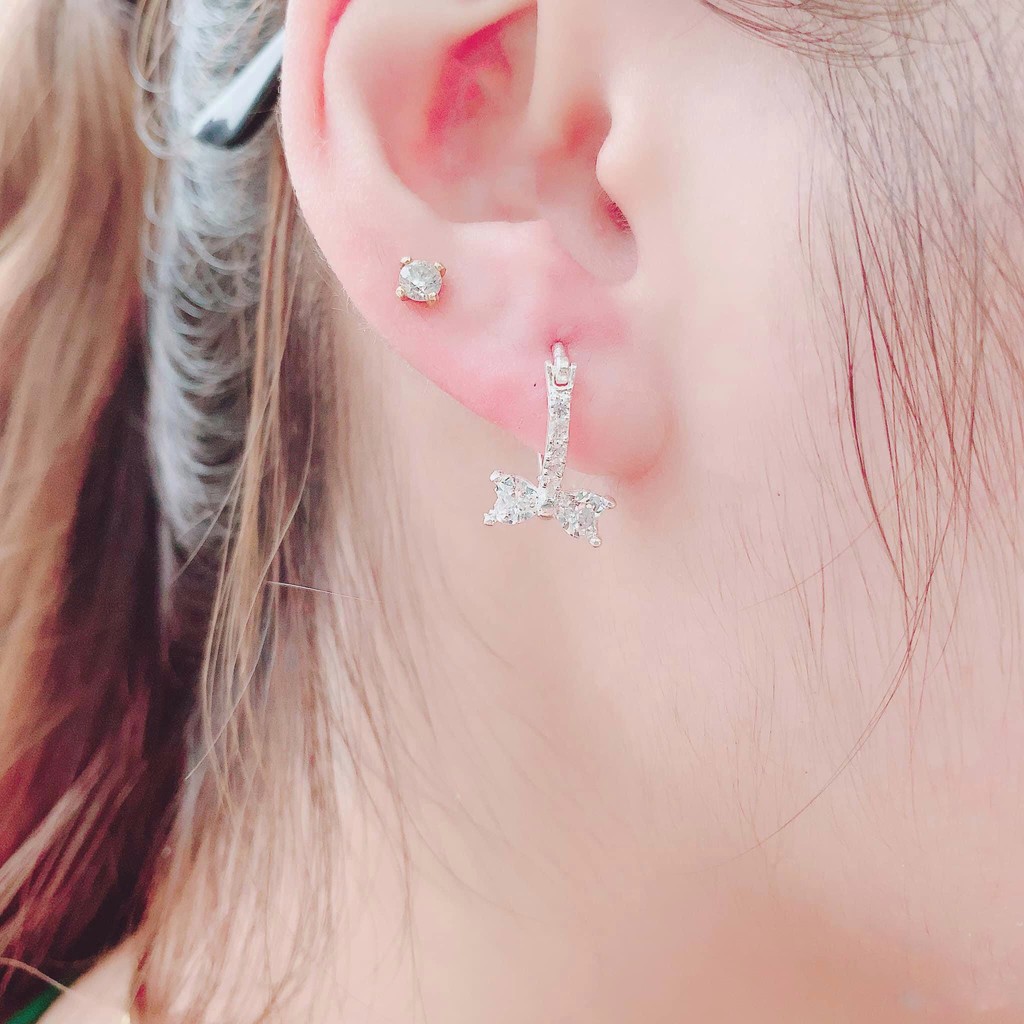 Khuyên Tai Bạc Ta CaoBac Jewellery Cho Nữ Móc Tròn Đá Thiết Kế Chốt Cài Phối Nơ Đá
