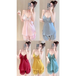 Bộ Ngủ hai dây viền hoa hồng Kenshop0602  Đồ  Ngủ 2 Dây - Đồ Bộ Mặc Nhà Lụa Satin Cao Cấp