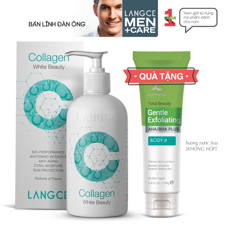 Collagen Trắng Da Toàn Thân Dưỡng Ẩm Mềm Mịn 250ml TẶNG Tẩy Tế Bào Chết Toàn Thân 100ml LANGCE cho Nam dành cho Nam