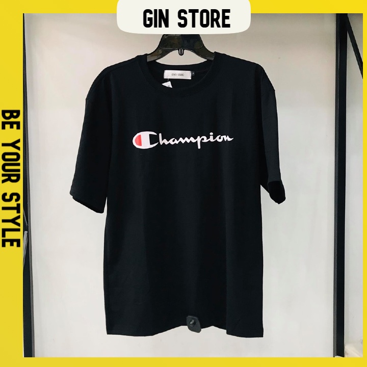 Áo thun champion Đen chữ thêu Unisex (gin store )