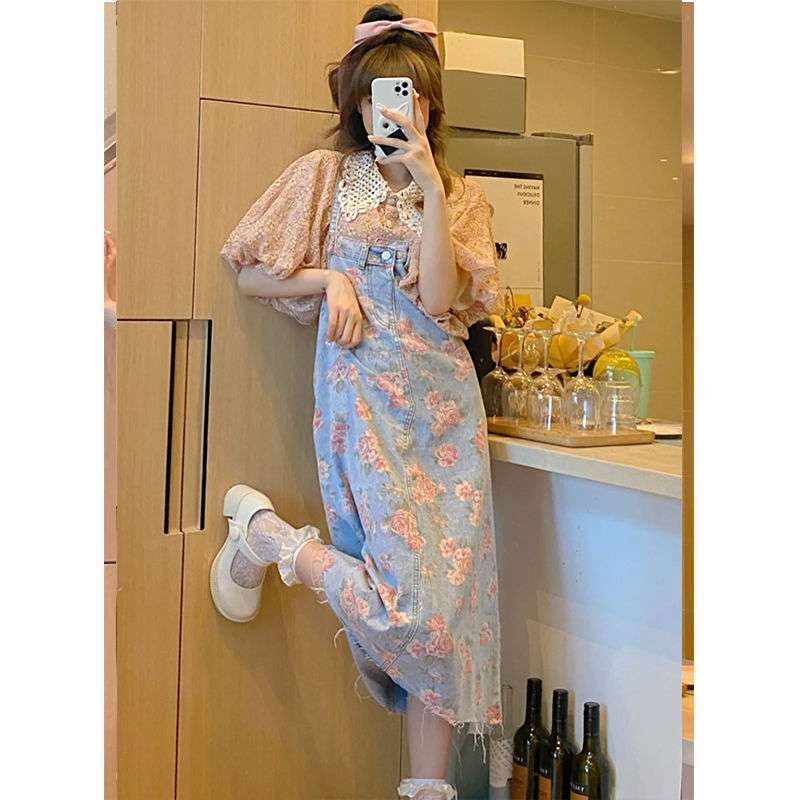 Set áo kiểu + chân váy yếm denim thời trang mới cho nữ