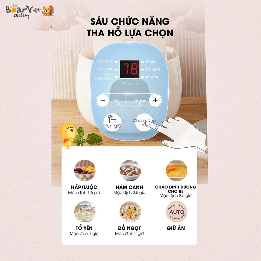 NỒI NẤU CHÁO, NINH, HẦM, HẤP CÁCH THUỶ 6 IN 1, Nồi Nấu Chậm Đa Năng 2 Tầng BEAR 0,8L SUBE001 [Hàng Chính Hãng]