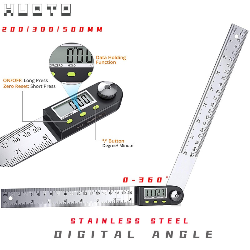 Thước đo góc điện tử 0-360 độ chất liệu nhựa và thép không rỉ dài 200mm-300mm