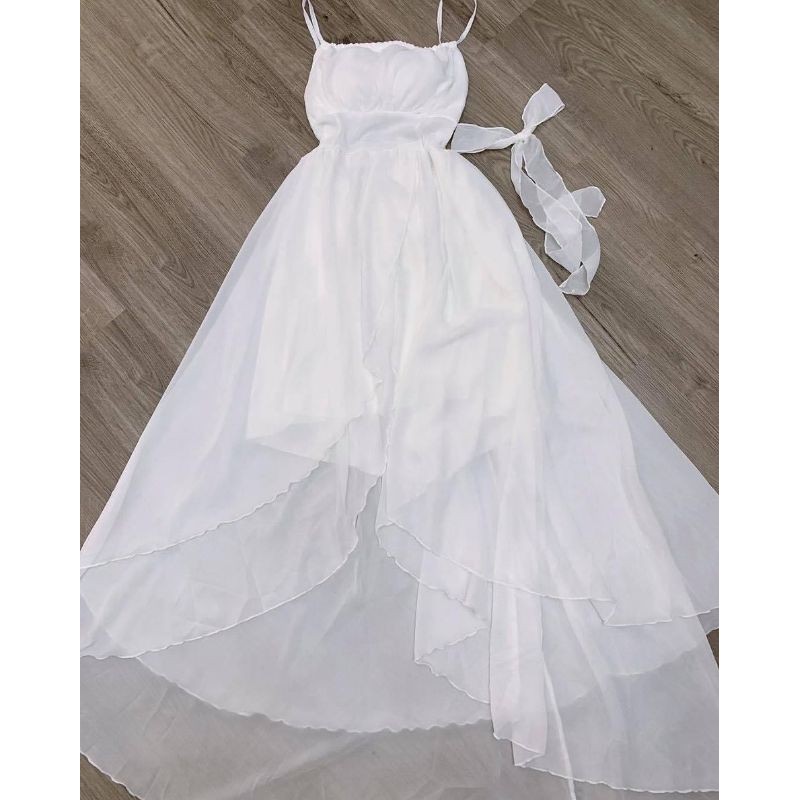Đầm maxi trắng 2 dây đi biển xẻ tà hở lưng cá tính xinh đẹp