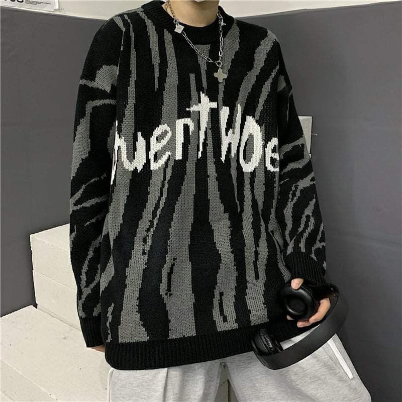 Áo len phối chữ họa tiết kẻ vằn unisex nam nữ 2 màu xanh đen