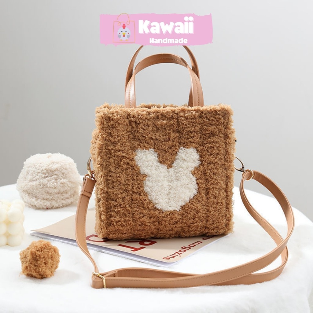 Túi tự đan, handmade len xù Vuông gấu set đầy đủ phụ kiện có video hướng dẫn Kawaii_Handmade