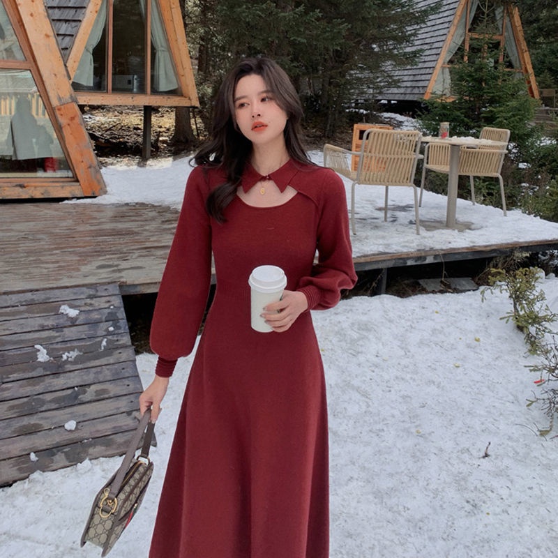 Đầm dệt kim tay dài màu đen thời trang thu đông phong cách vintage cho nữ