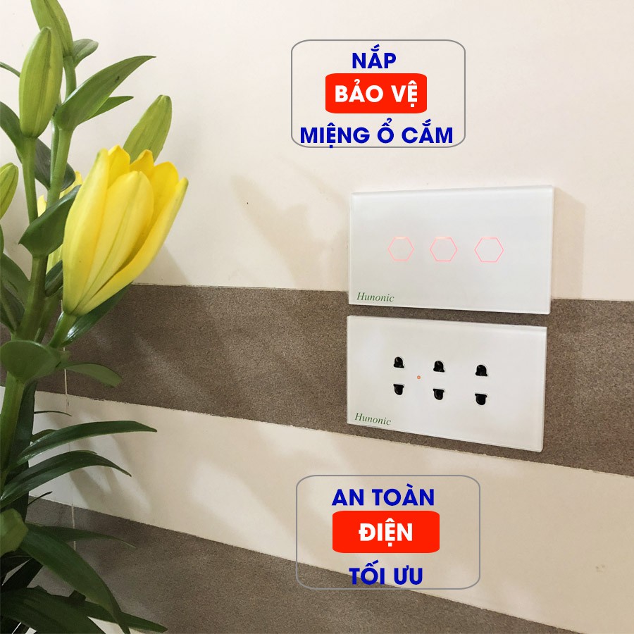 Ổ Cắm Âm Tường 3 Chấu Full Kính Cường Lực Cao Cấp Hunonic Màu Trắng│Ổ cắm âm tường hình chữ nhật đồng bộ nhà thông minh