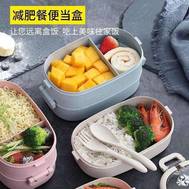 HỘP CƠM LÚA MẠCH CHỮ NHẬT 2 TẦNG KÈM THÌA DĨA ĐŨA - HV Store 979