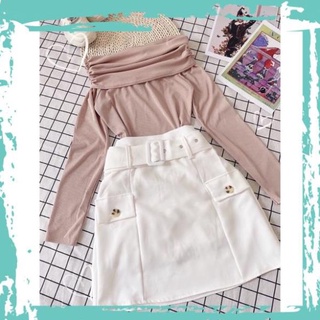 Set chân váy trắng và áo trễ vai nude thời trang nữ cực dễ thương