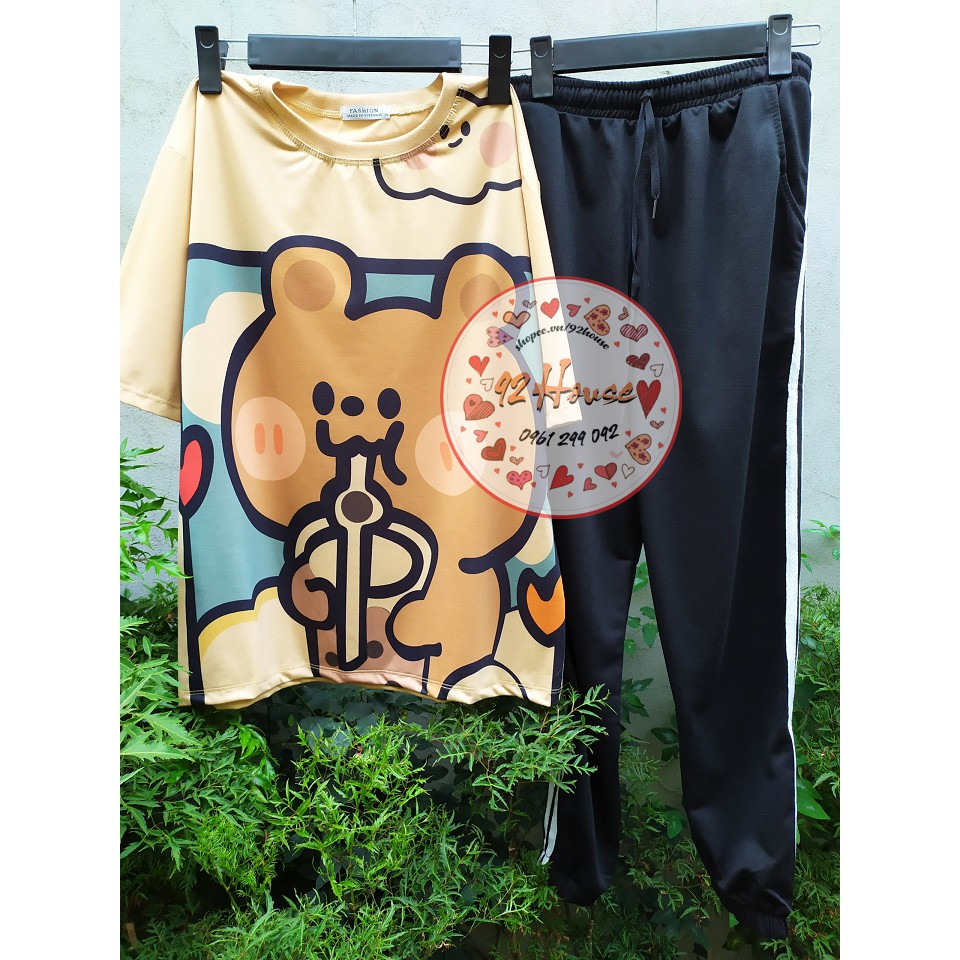 Đồ bộ hoạt hình quần jogger hai sọc gấu nâu dành cho nam nữ