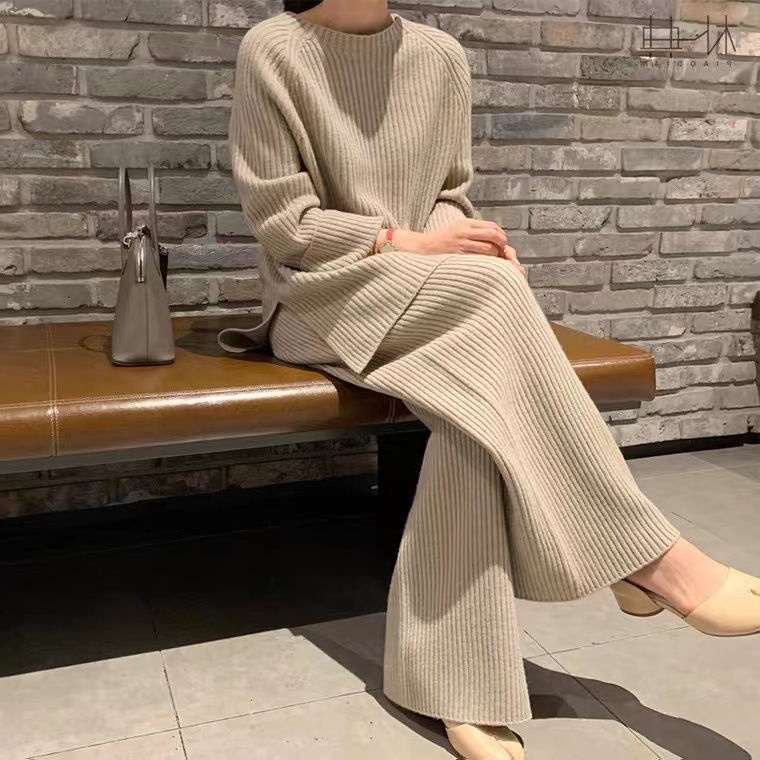 Set Áo Len Dài Tay + Quần Dài Ống Rộng Thời Trang Nữ