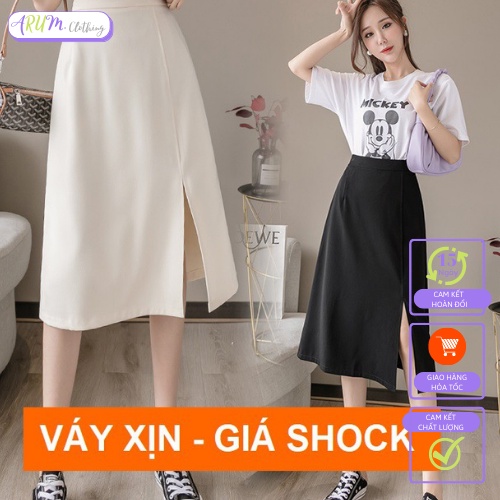 Chân váy Chữ A Xẻ tà Dáng dài Chất liệu Vitex có Quần trong Khóa kéo mặc mùa đông Siêu ấm dài 70cm
