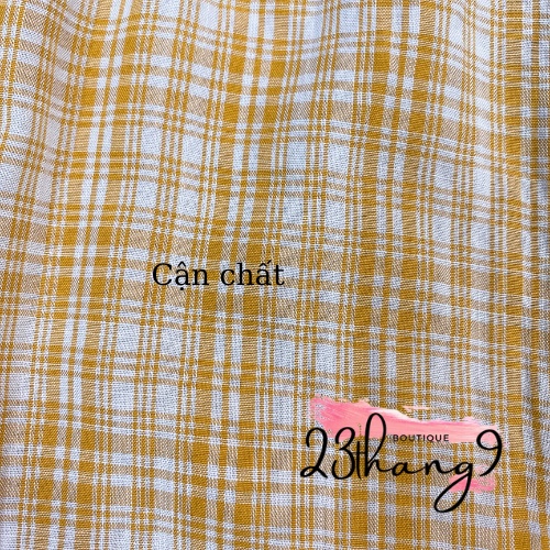 Đầm babydoll váy tay bồng sọc caro màu vàng cổ tròn dáng midi sang trọng đi tiệc đi chơi đi biển 23thang9 boutique