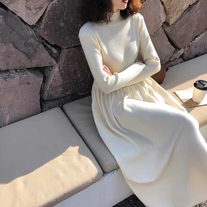 Váy len cổ cao dáng babydoll xòe dài điệu đà nhẹ nhàng mùa đông  nhiều màu