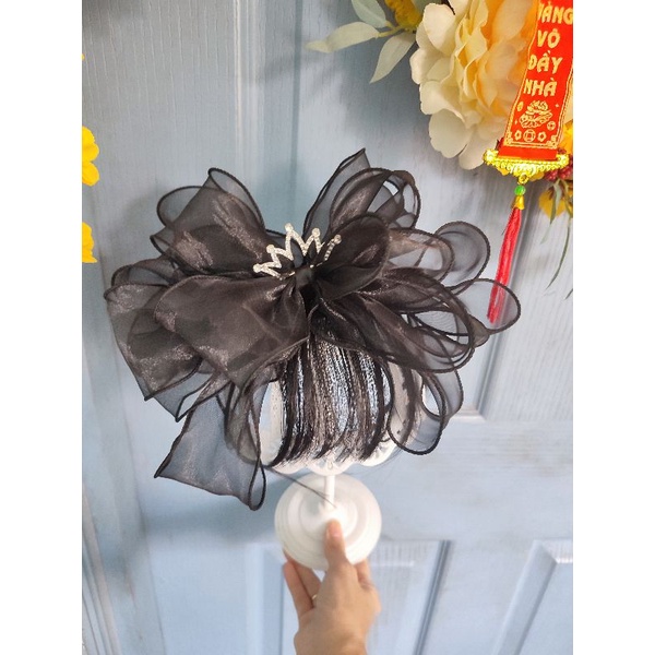 Cài tóc vương miệng voan bèo xinh bản đen phồng cho bé
