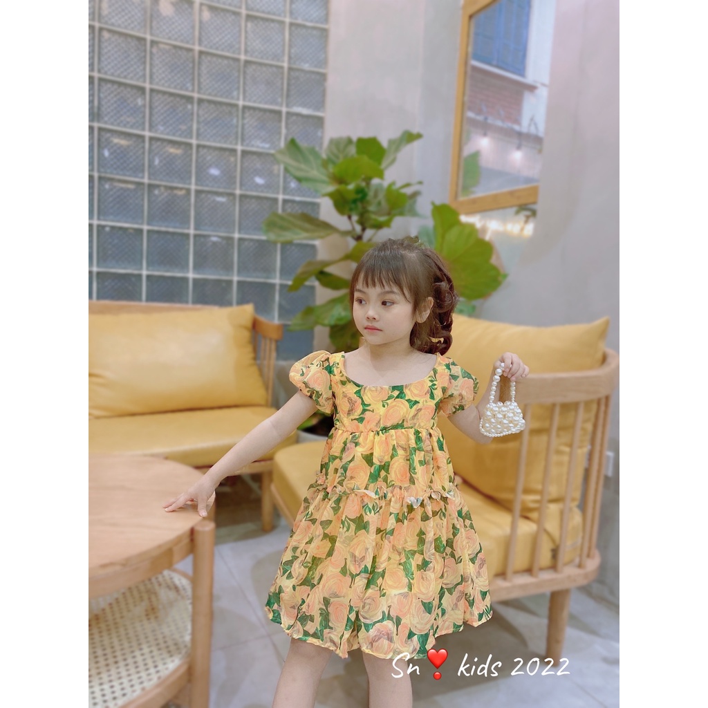 Váy xòe bé gái họa tiết hoa, váy tơ hoa hồng bồng bềnh mát mẻ cho bé