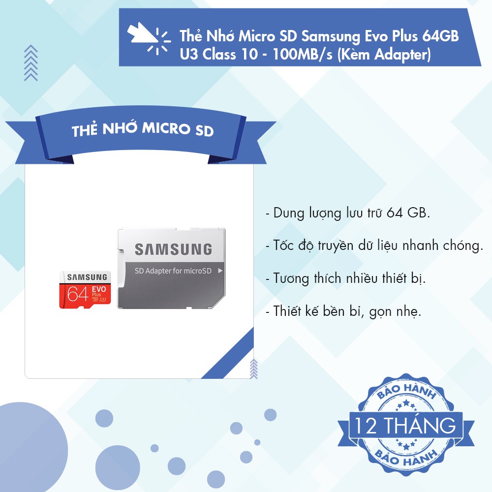 Thẻ Nhớ Micro SD Samsung Evo Plus 64GB U3 Class 10 - 100MB/s (Kèm Adapter)