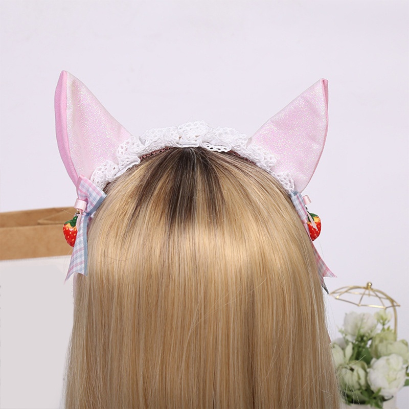 Băng Đô Cài Tóc Hóa Trang Phối Bèo Và Ren Đính Quả Dâu Tây Lấp Lánh Dành Cho Mèo Cưng