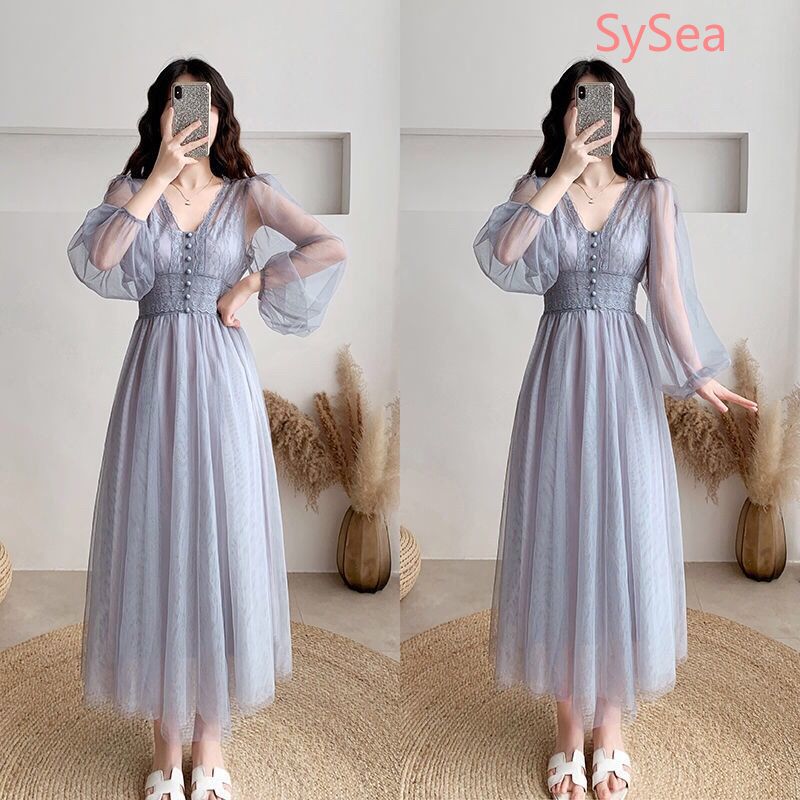 Đầm dài tay phối lưới sành điệu cho nữ