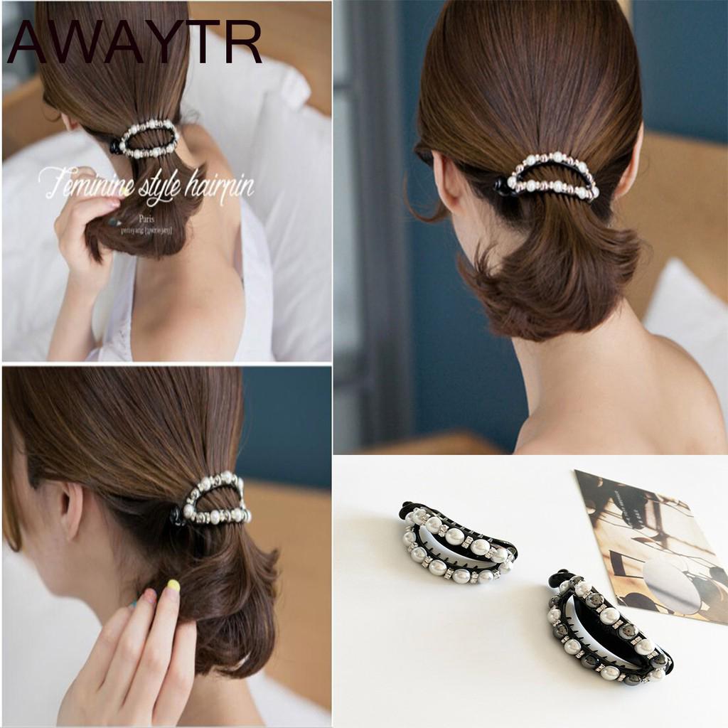 Kẹp tóc hình oval đính đá & ngọc trai giả phong cách Hàn